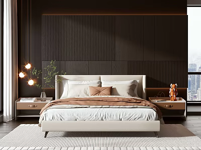 Cream Double Bed In Modern Bedroom With Dark Wooden Wall And City View Window 3d model