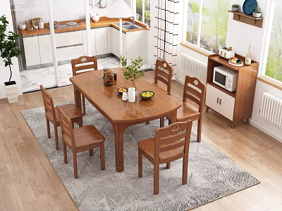 Wooden Dining Table Set With Matching Chairs Fruit Vase And Grey Rug In Bright Room 3d model
