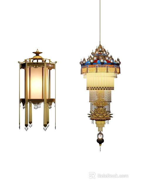 Traditional Ornate Wall Lamps With Lantern Design Golden Frame Lotus Base And Colorful Tassels 3d model 
