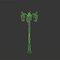 Vintage Green Street Lamp with Decorative Ornate Pole and Three Classic Lamp Shades