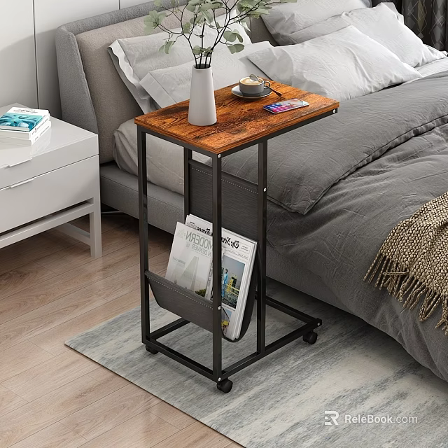 Modern Bedside Side Table With Wooden Top Metal Frame Wheels And Magazine Storage 3d model 