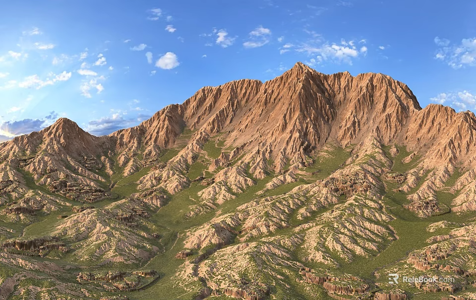 Scenic Mountain Landscape With Rolling Brownish Yellow Peaks Green Grass Blue Sky And White Clouds 3d model 