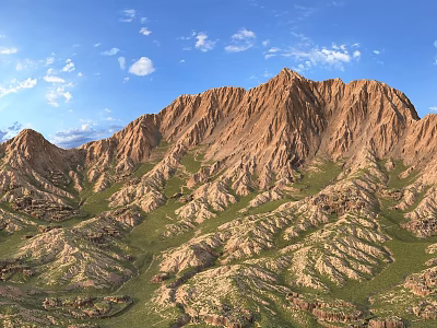 Scenic Mountain Landscape With Rolling Brownish Yellow Peaks Green Grass Blue Sky And White Clouds 3d model