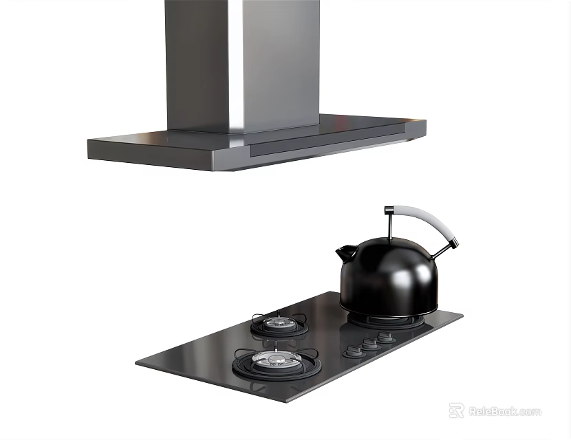Modern Black Kitchen Appliances With Gas Stove Kettle And Range Hood 3d model 