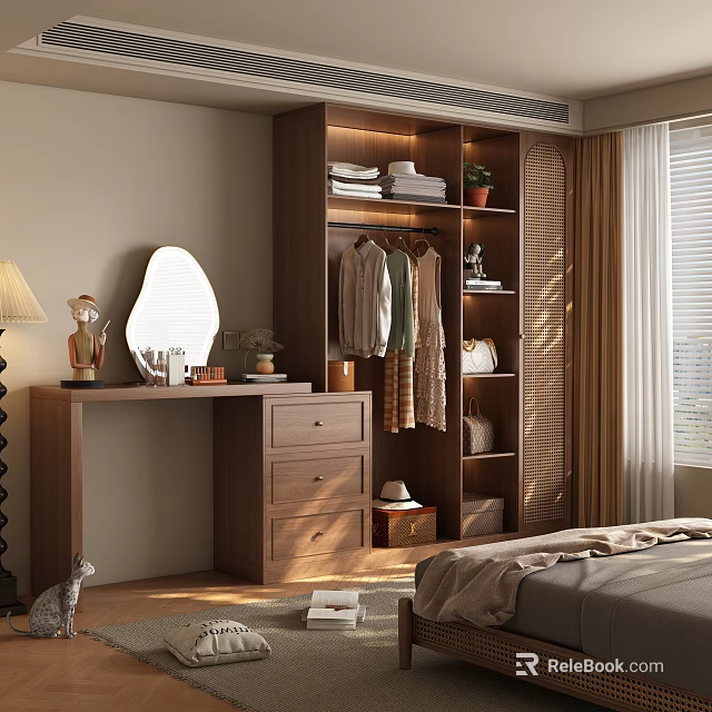 Modern Wooden Wardrobe With Hanging Rod Shelves Drawer And Decorative Plant By Dresser 3d model 