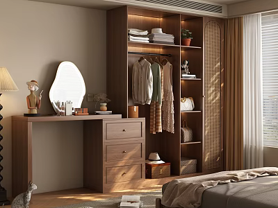 Modern Wooden Wardrobe With Hanging Rod Shelves Drawer And Decorative Plant By Dresser 3d model