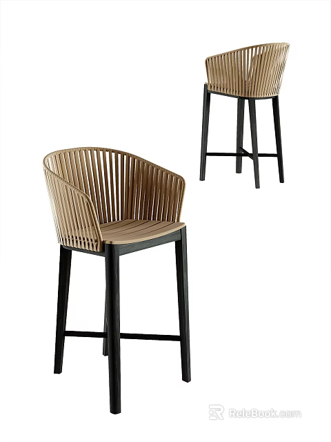 Modern Rattan Bar Stool With Curved Backrest And Black Legs For Kitchen Island 3d model 
