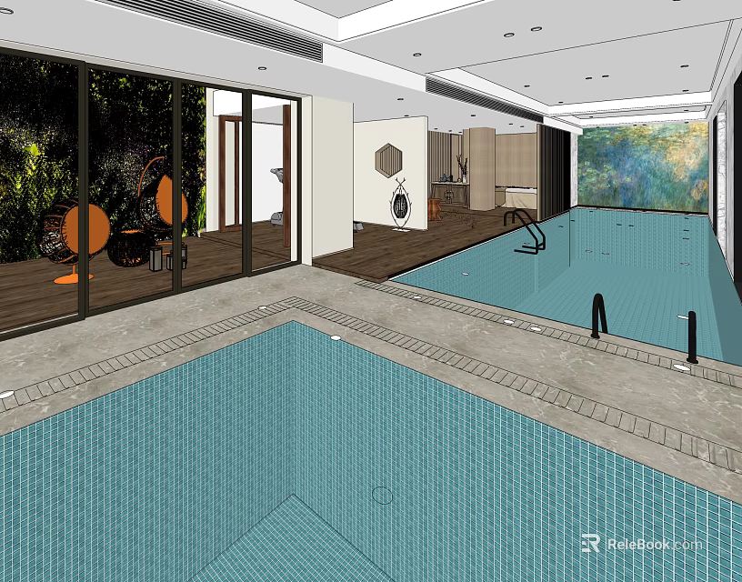 Modern SPA Sauna Interior With Swimming Pool And Glass Windows Design 3d model 