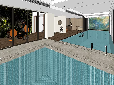 Modern SPA Sauna Interior With Swimming Pool And Glass Windows Design 3d model