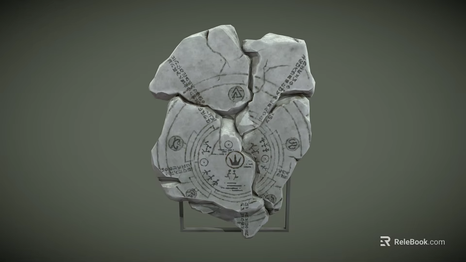 Broken Stone With Cracks Carvings Symbols And Ancient Characters Displayed On Stand 3d model 