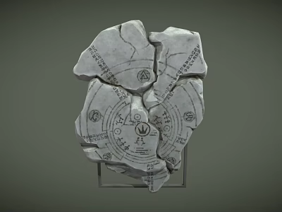 Broken Stone With Cracks Carvings Symbols And Ancient Characters Displayed On Stand 3d model
