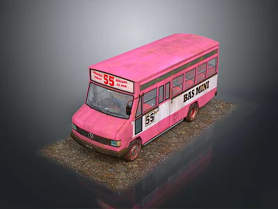 Pink Mini Bus With 55 Number And BUS MIN Sign On Gravel Ground Exterior 3d model