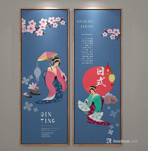 Traditional Japanese Figure Paintings Featuring Geisha in Kimono with Cherry Blossoms Fans and Lanterns 3d model 