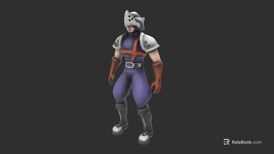 Game Movie Character 3D Model In Purple Outfit With Silver Armor Red Gloves And Helmet 3d model 