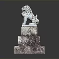 Ancient Stone Lion Statue On Three Tiered Pedestal With Carved Details