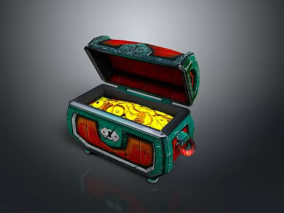Open Decorative Storage Chest With Green Red Accents And Gold Coins Inside 3d model