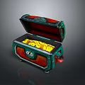 Open Decorative Storage Chest With Green Red Accents And Gold Coins Inside