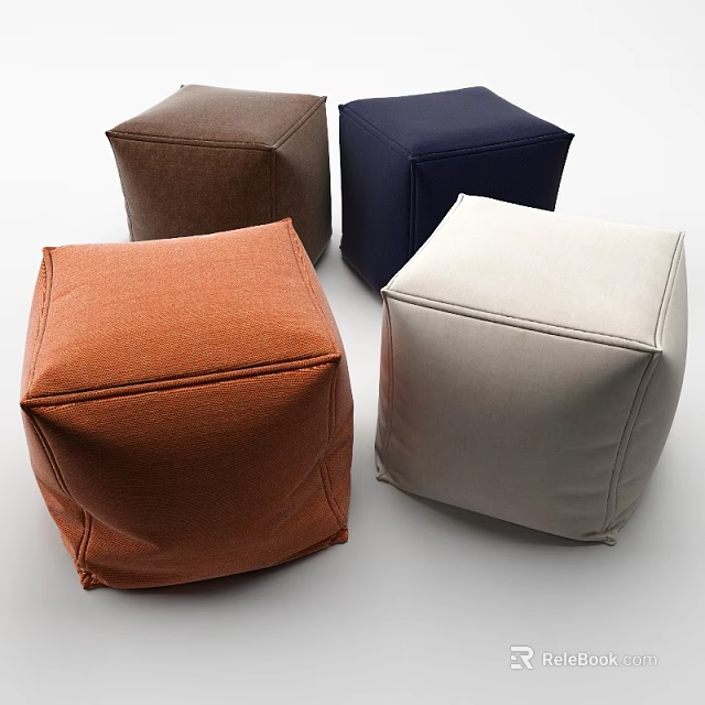 Colorful Square Fabric Ottomans in Brown Navy Blue Orange and Light Gray 3d model 