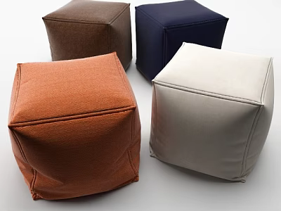 Colorful Square Fabric Ottomans in Brown Navy Blue Orange and Light Gray 3d model