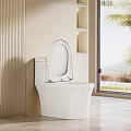 Modern White Toilet In Light Bathroom With Open Lid Shelves Large Window And Natural Light