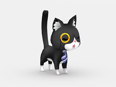 Cute Black And White Cartoon Cat With Yellow Round Glasses And Striped Tie Standing 3d model