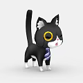 Cute Black And White Cartoon Cat With Yellow Round Glasses And Striped Tie Standing