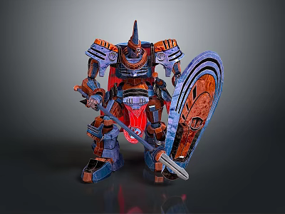 Armored Mechanical Warrior With Orange Blue Armor Shield And Glowing Red Weapon 3d model