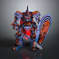Armored Mechanical Warrior With Orange Blue Armor Shield And Glowing Red Weapon