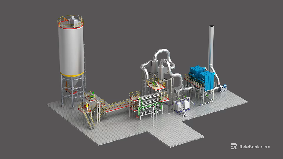 Industrial Plant Equipped with Tall Storage Tank Piping System Blue Equipment Conveyor Belt and Platforms 3d model 