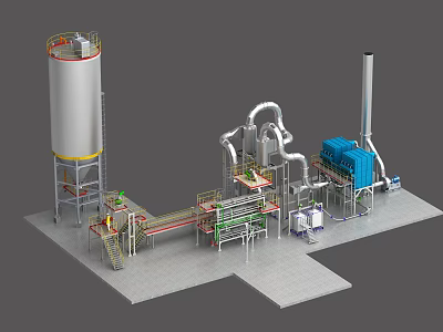 Industrial Plant Equipped with Tall Storage Tank Piping System Blue Equipment Conveyor Belt and Platforms 3d model