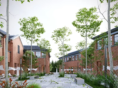 Scenic Commercial Street Featuring Red Brick Buildings Lush Trees Stone Paved Walkway And Relaxing Seating 3d model