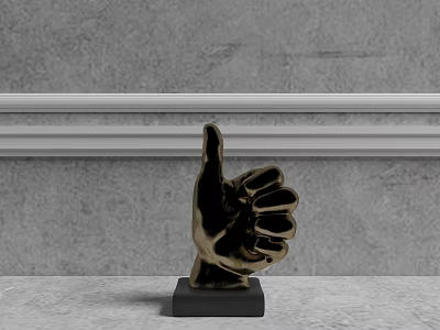 Golden Thumbs Up Sculpture Carving on Black Base with Gray Wall Background 3d model