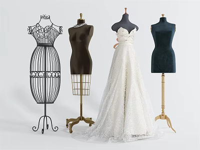 Mannequins Displaying White Lace Wedding Dress And Other Designed Empty Forms 3d model