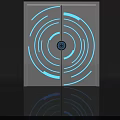 Futuristic Gray Door With Blue Circular Rings And Central Black Panel Shiny Reflection On Floor