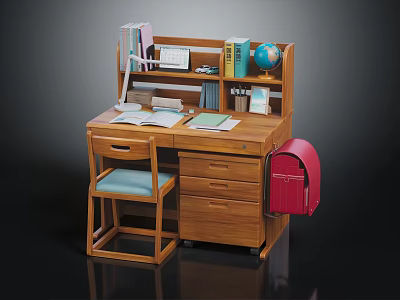 Wooden Study Desk With Bookshelf Globe Lamp Books Red Schoolbag And Matching Chair 3d model