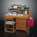 Wooden Study Desk With Bookshelf Globe Lamp Books Red Schoolbag And Matching Chair