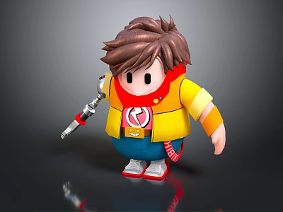 Cartoon Child with Brown Hair Wearing Yellow Vest Red Scarf Holding Mechanical Arm Tool 3d model