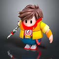 Cartoon Child with Brown Hair Wearing Yellow Vest Red Scarf Holding Mechanical Arm Tool