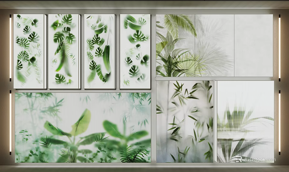 Modern Lighting Combinations Featuring Green Leaf Patterns And Botanical Wall Art 3d model 