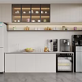 Modern Tea Room Interior With White Cabinets Glass Door Shelves Coffee Machines And Fruit Bowl