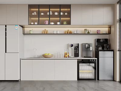 Modern Tea Room Interior With White Cabinets Glass Door Shelves Coffee Machines And Fruit Bowl 3d model