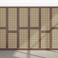 Modern Minimalist Brown Wooden Wardrobe with Grid Design and Multiple Panels 3d model