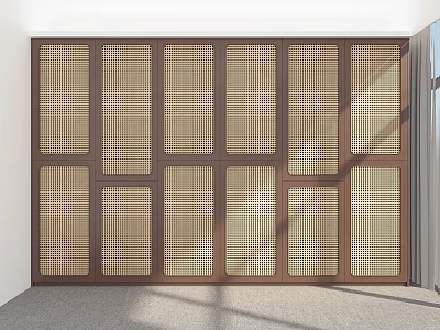 Modern Minimalist Brown Wooden Wardrobe with Grid Design and Multiple Panels 3d model
