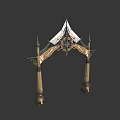 Ornate Decorative Archway Structure With Wooden Pillars Carvings Canopy Fabric And Circular Centerpiece