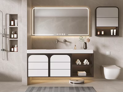 Modern Bathroom Interior With Backlit Mirror Vanity Cabinets Toilet And Robot Vacuum 3d model