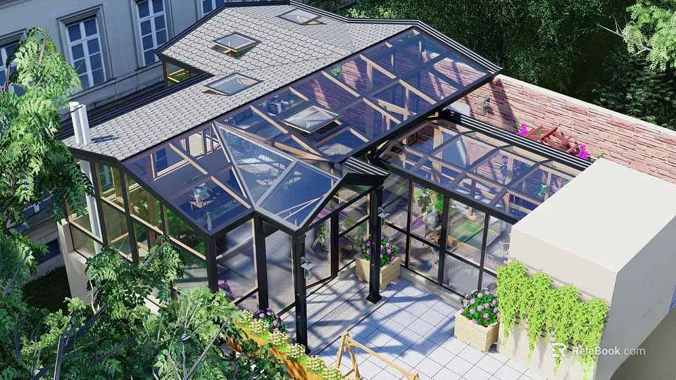 Modern Villa Balcony With Glass Roof Metal Frame And Lush Green Plants 3d model 