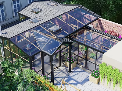 Modern Villa Balcony With Glass Roof Metal Frame And Lush Green Plants 3d model