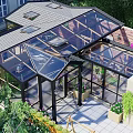 Modern Villa Balcony With Glass Roof Metal Frame And Lush Green Plants