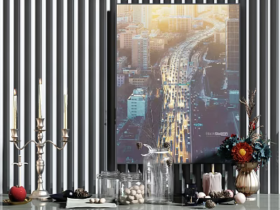 Stylish Decorative Ornaments Set with Cityscape Painting Candlestick Flower Vase Pinecones and Striped Background 3d model
