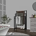 Stylish Black Metal Towel Rack In Modern Bathroom With Decorative Towels Slippers And Green Plant
